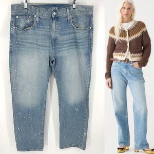 J CREW Mid Rise Slouchy Straight Jeans with Paint Splatter Ice Blue Wash Size 33